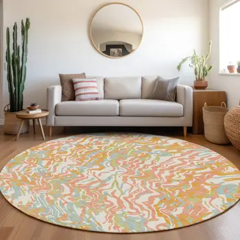 8' Coral Green And Copper Round Abstract Washable Indoor Outdoor Area Rug