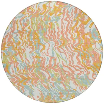 8' Coral Green And Copper Round Abstract Washable Indoor Outdoor Area Rug