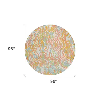 8' Coral Green And Copper Round Abstract Washable Indoor Outdoor Area Rug