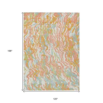 10' X 14' Coral Green And Copper Abstract Washable Indoor Outdoor Area Rug