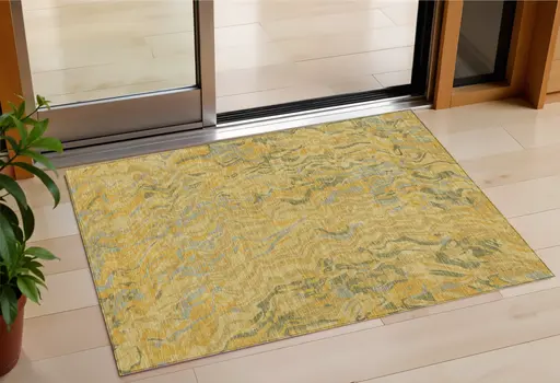 3' X 5' Gold Gray And Beige Abstract Washable Indoor Outdoor Area Rug