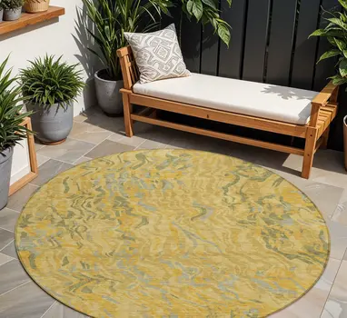 8' Gold Gray And Beige Round Abstract Washable Indoor Outdoor Area Rug