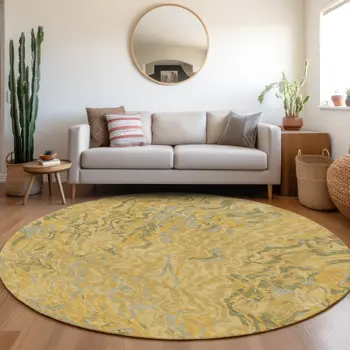 8' Gold Gray And Beige Round Abstract Washable Indoor Outdoor Area Rug