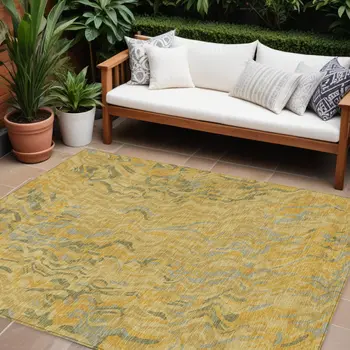 10' X 14' Gold Gray And Beige Abstract Washable Indoor Outdoor Area Rug