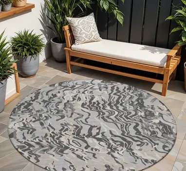 8' Gray Charcoal And Beige Round Abstract Washable Indoor Outdoor Area Rug