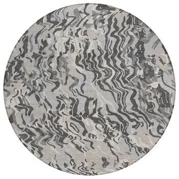 8' Gray Charcoal And Beige Round Abstract Washable Indoor Outdoor Area Rug