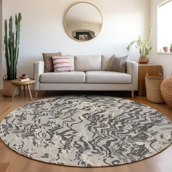 8' Gray Charcoal And Beige Round Abstract Washable Indoor Outdoor Area Rug