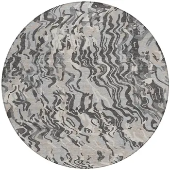 8' Gray Charcoal And Beige Round Abstract Washable Indoor Outdoor Area Rug