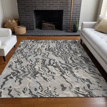10' X 14' Gray Charcoal And Beige Abstract Washable Indoor Outdoor Area Rug