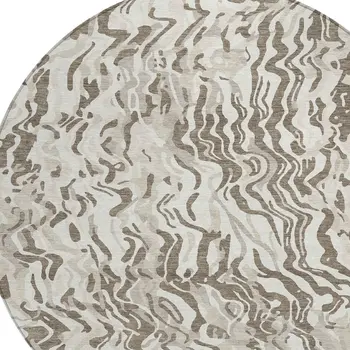 8' Gray Charcoal And Beige Round Abstract Washable Indoor Outdoor Area Rug