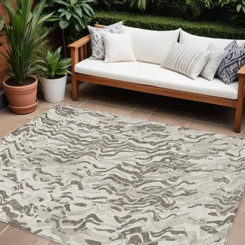 8' X 10' Gray Charcoal And Beige Abstract Washable Indoor Outdoor Area Rug