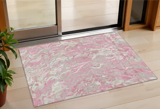 3' X 5' Pink Gray And Ivory Abstract Washable Indoor Outdoor Area Rug