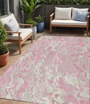 5' X 8' Pink Gray And Ivory Abstract Washable Indoor Outdoor Area Rug