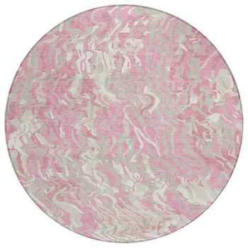 8' Pink Gray And Ivory Round Abstract Washable Indoor Outdoor Area Rug