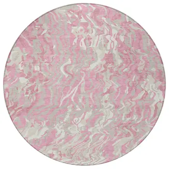 8' Pink Gray And Ivory Round Abstract Washable Indoor Outdoor Area Rug