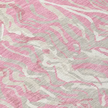 8' Pink Gray And Ivory Round Abstract Washable Indoor Outdoor Area Rug