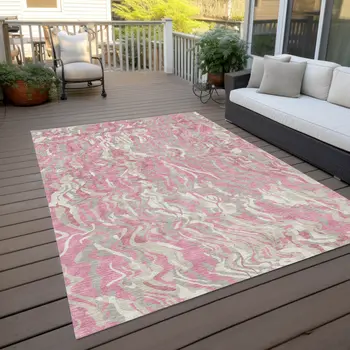 9' X 12' Pink Gray And Ivory Abstract Washable Indoor Outdoor Area Rug