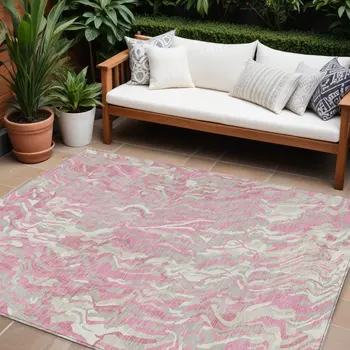 10' X 14' Pink Gray And Ivory Abstract Washable Indoor Outdoor Area Rug