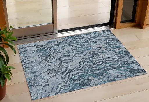 3' X 5' Sky Blue Black And Teal Blue Abstract Washable Indoor Outdoor Area Rug