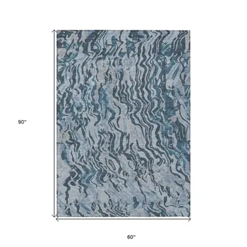 5' X 8' Sky Blue Black And Teal Blue Abstract Washable Indoor Outdoor Area Rug