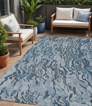 5' X 8' Sky Blue Black And Teal Blue Abstract Washable Indoor Outdoor Area Rug