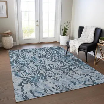 5' X 8' Sky Blue Black And Teal Blue Abstract Washable Indoor Outdoor Area Rug