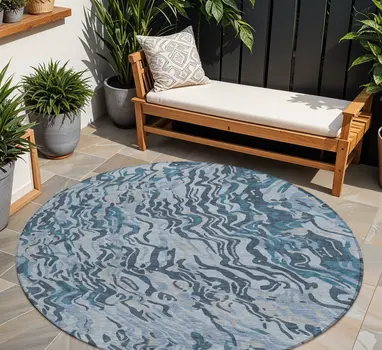 8' Sky Blue Black And Teal Blue Round Abstract Washable Indoor Outdoor Area Rug