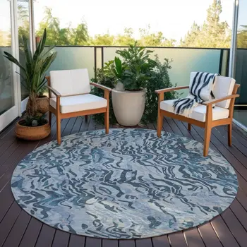 8' Sky Blue Black And Teal Blue Round Abstract Washable Indoor Outdoor Area Rug