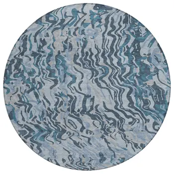 8' Sky Blue Black And Teal Blue Round Abstract Washable Indoor Outdoor Area Rug