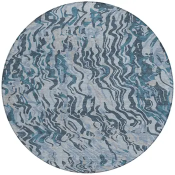 8' Sky Blue Black And Teal Blue Round Abstract Washable Indoor Outdoor Area Rug