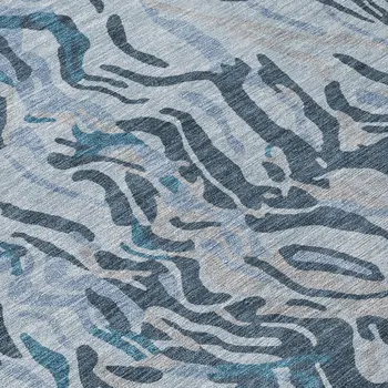 8' Sky Blue Black And Teal Blue Round Abstract Washable Indoor Outdoor Area Rug