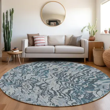 8' Sky Blue Black And Teal Blue Round Abstract Washable Indoor Outdoor Area Rug