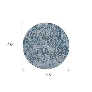 8' Sky Blue Black And Teal Blue Round Abstract Washable Indoor Outdoor Area Rug