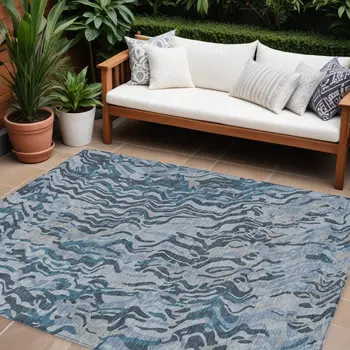 8' X 10' Sky Blue Black And Teal Blue Abstract Washable Indoor Outdoor Area Rug
