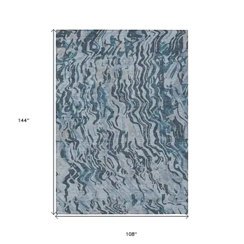 9' X 12' Sky Blue Black And Teal Blue Abstract Washable Indoor Outdoor Area Rug