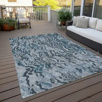 9' X 12' Sky Blue Black And Teal Blue Abstract Washable Indoor Outdoor Area Rug