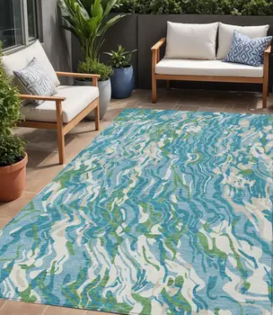 5' X 8' Teal Blue Ivory And Green Abstract Washable Indoor Outdoor Area Rug