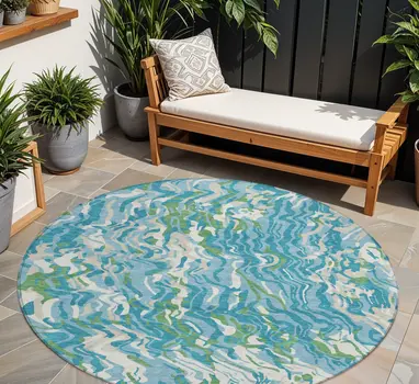 8' Teal Blue Ivory And Green Round Abstract Washable Indoor Outdoor Area Rug
