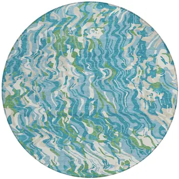8' Teal Blue Ivory And Green Round Abstract Washable Indoor Outdoor Area Rug