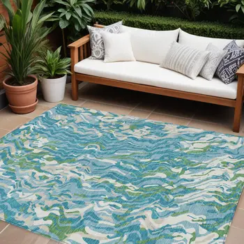 8' X 10' Teal Blue Ivory And Green Abstract Washable Indoor Outdoor Area Rug