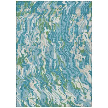 8' X 10' Teal Blue Ivory And Green Abstract Washable Indoor Outdoor Area Rug