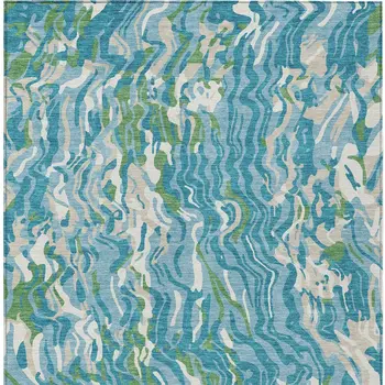 9' X 12' Teal Blue Ivory And Green Abstract Washable Indoor Outdoor Area Rug