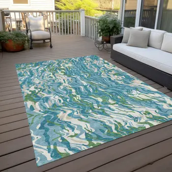 9' X 12' Teal Blue Ivory And Green Abstract Washable Indoor Outdoor Area Rug