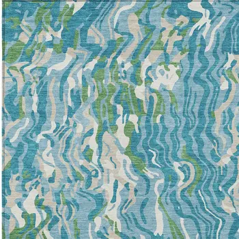 9' X 12' Teal Blue Ivory And Green Abstract Washable Indoor Outdoor Area Rug