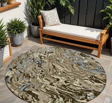 8' Taupe Brown And Beige Round Abstract Washable Indoor Outdoor Area Rug