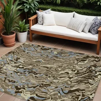 10' X 14' Taupe Brown And Beige Abstract Washable Indoor Outdoor Area Rug