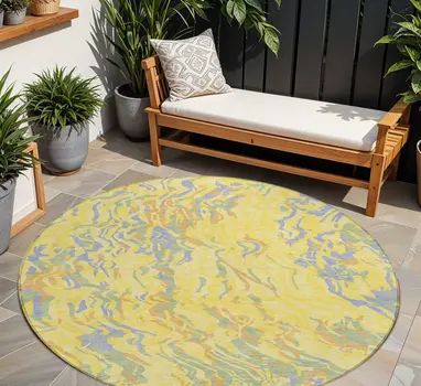 8' Yellow Purple And Green Round Abstract Washable Indoor Outdoor Area Rug
