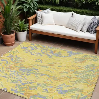 10' X 14' Yellow Purple And Green Abstract Washable Indoor Outdoor Area Rug
