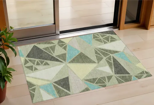3' X 5' Artichoke Green Ivory And Aqua Geometric Washable Indoor Outdoor Area Rug