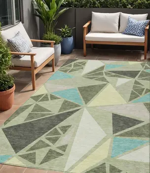 5' X 8' Artichoke Green Ivory And Aqua Geometric Washable Indoor Outdoor Area Rug